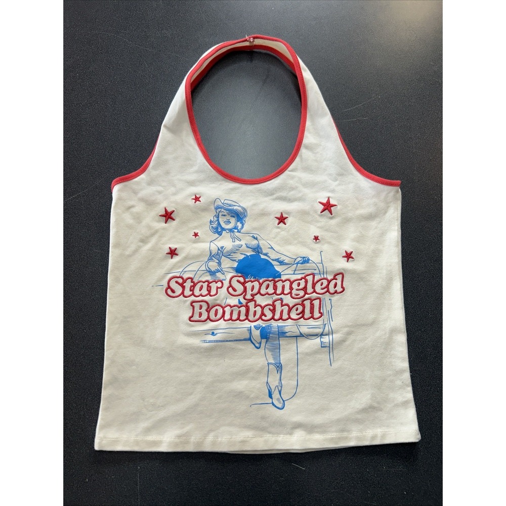 Special Thanks Star Spangled Bombshell Embroidered halter tank top SZ XL